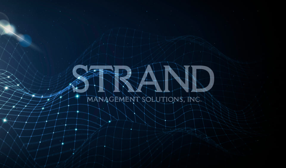 The logo of Strand Management Solutions Inc displayed on a network background.